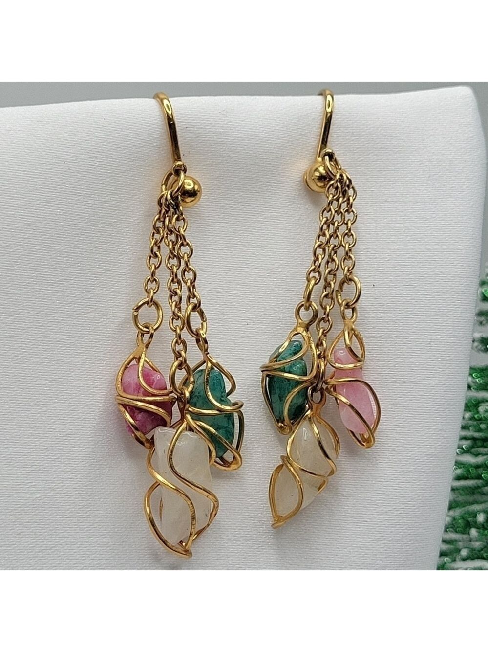 Vintage Avon Clip-On Earrings Gold Tone Pink White Green Accents